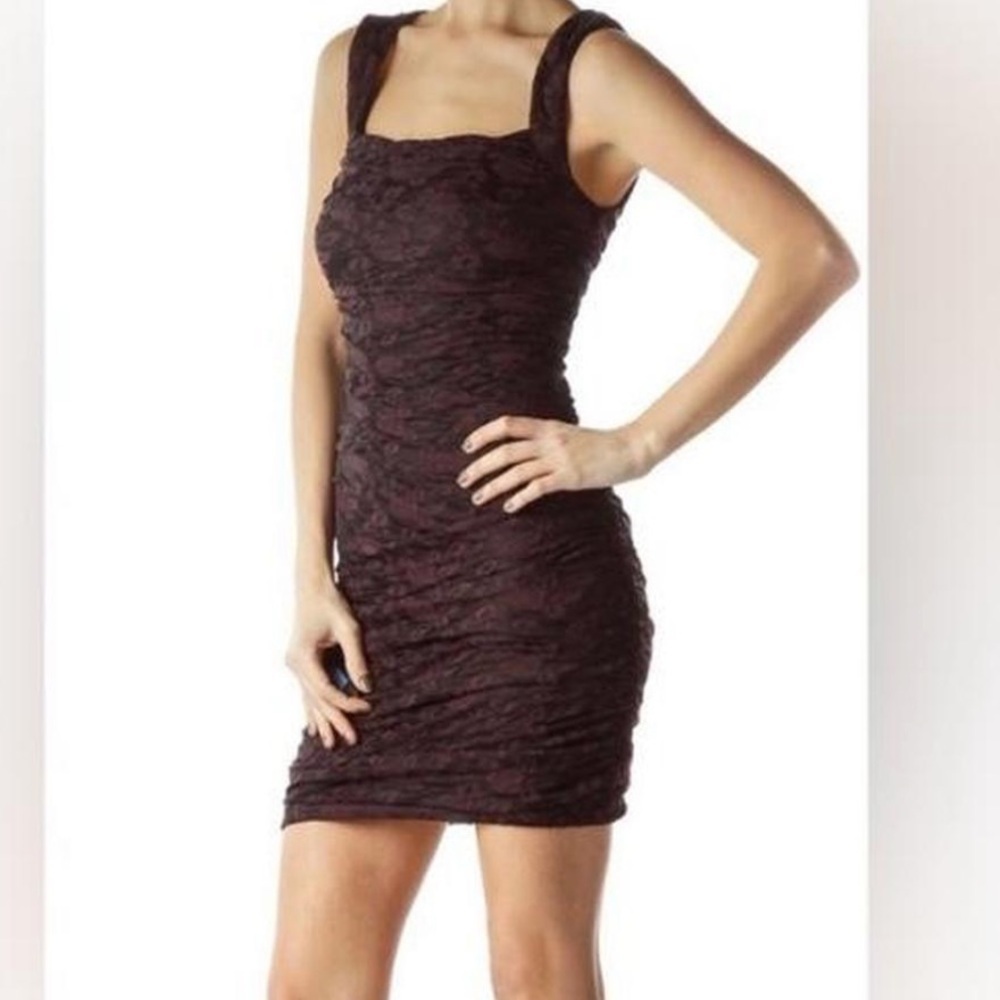 Free People burgundy black‎ floral open back scrunched side mini dress Sz L